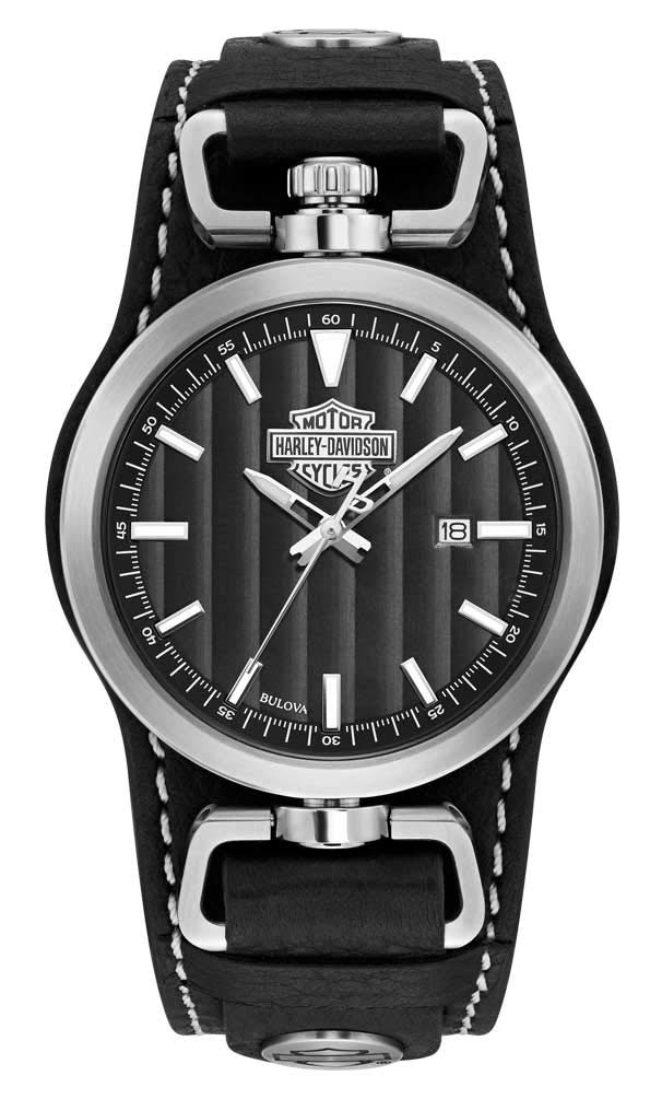 Harley-Davidson Men's B&S Rotating Case Cuff Watch, Black Leather